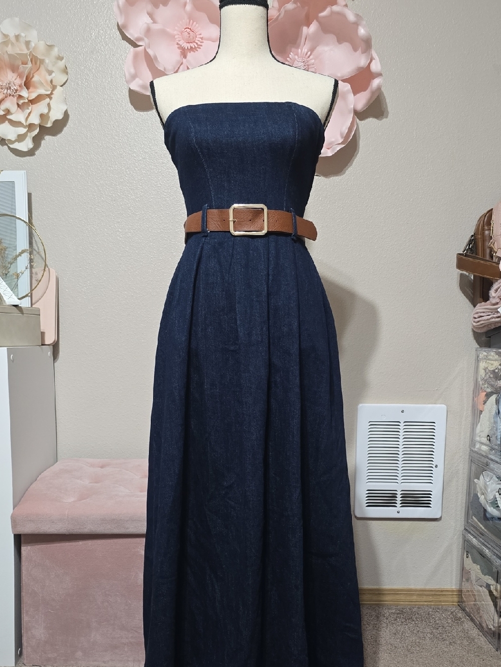 Zara Strapless Dark Blue Denim Maxi Dress with Brown Belt
